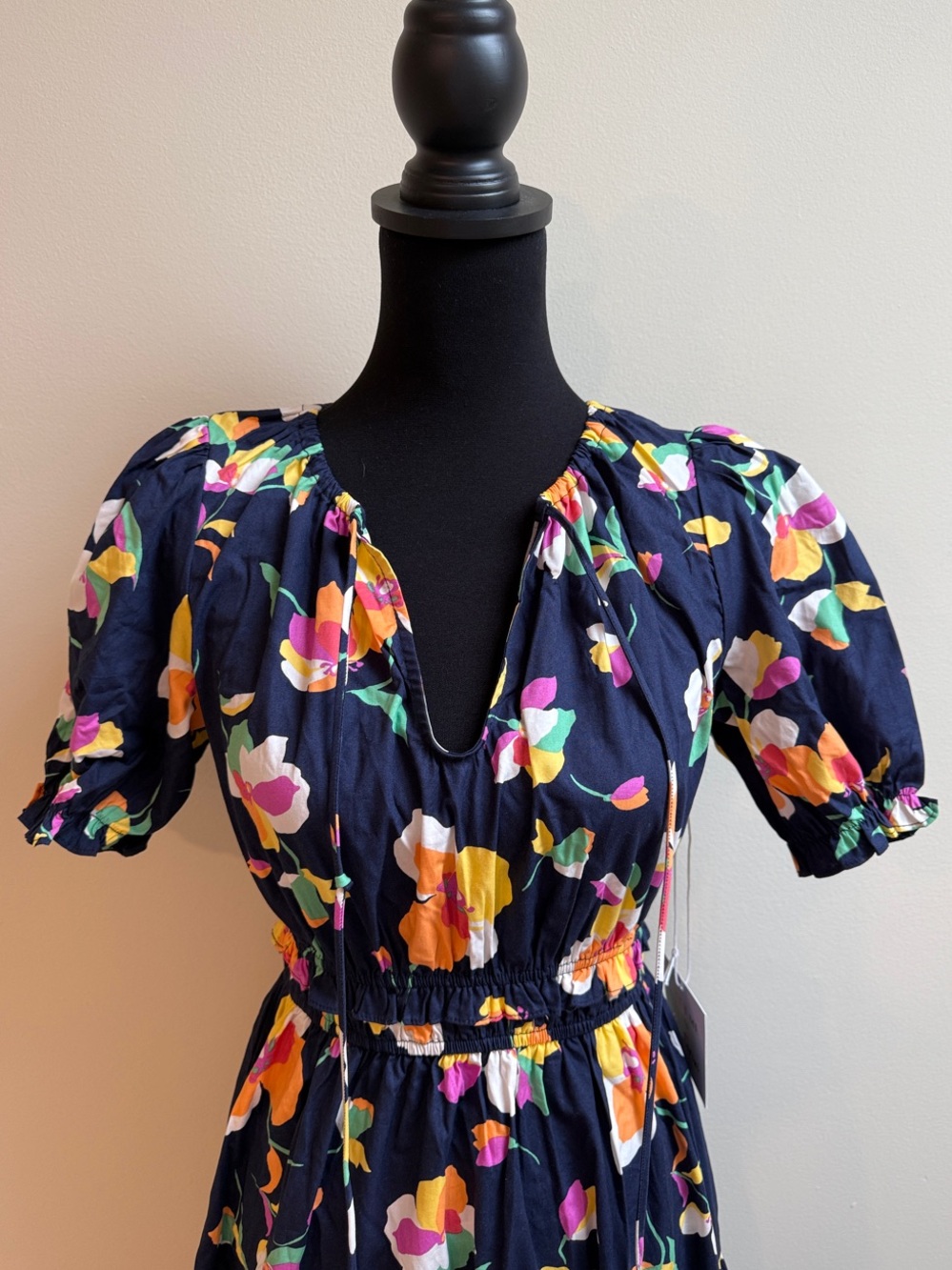 Meet Me in Santorini Navy Floral Puff-Sleeve Maxi Dress with Cinched Waist - Picture 4 of 6